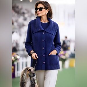 St. John blue cashmere button up thick button up chunky sweater